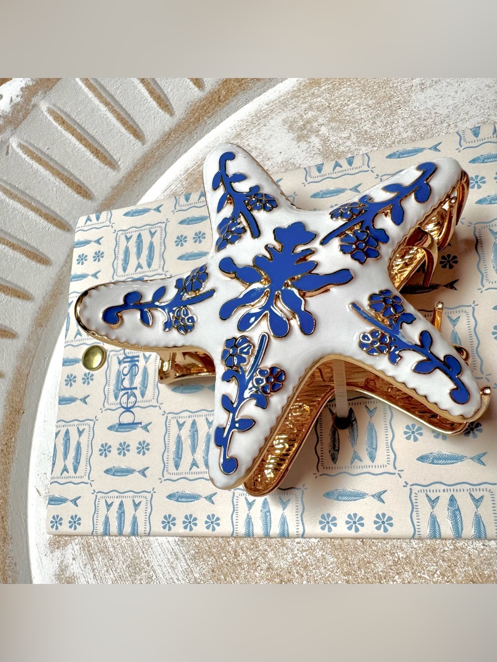 Persimmon • Starfish • Hair Claw Clip • Blue Toile in Gold, White Glossy Enamel